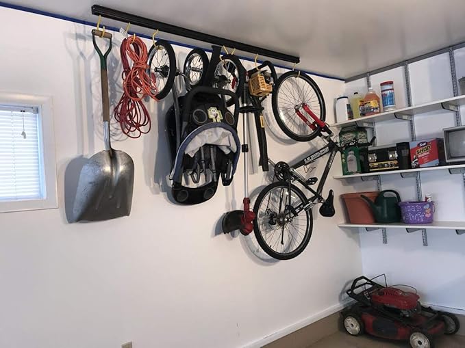 74" Adjustable Overhead Storage Track/Bike Rack With Hooks Slide and Rotate. 50 Lbs. Per Hook.