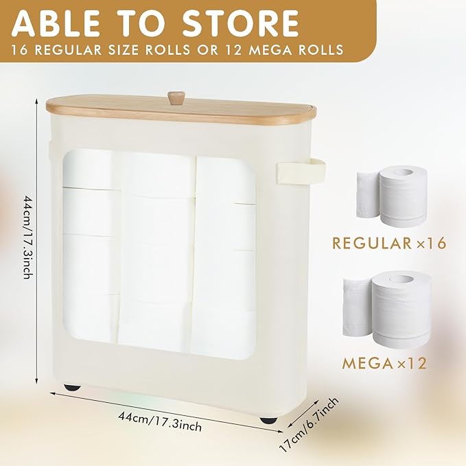 Toilet Paper Storage Basket with Lid and Handle, Foldable Toilet Paper Organizer, Large Capacity Bathroom Storage Holder for 12 Mega or 16 Regular Rolls, Beige