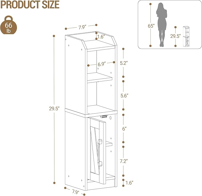 Bathroom Storage Cabinet, Small Farmhouse Corner Floor Cabinet with Door and Shelves, Narrow Toilet Paper Holder Stand, Bathroom Organizer with Adjustable Shelf, for Small Spaces, Black