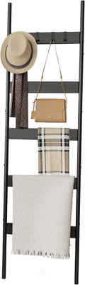 Blanket Ladder, 5-Tier Towel Holder with 4 Removable Hooks, Farmhouse Wall Leaning Decorative Rack Shelf, Wooden Towel Display Rack, Quilt Ladder for Living Room, Bedroom, Black