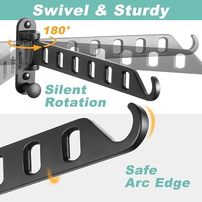 Wall Mounted Clothes Hanger with Swing Arm - 8-Hole Laundry Drying Rack | 180° Rotation & Space Saving for Laundry Room, Closet | Sturdy Hanging Bar | Solid Aluminium(2-Pack, Black)