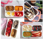 Small Snack Containers for Kids Toddlers - 3 Compartments (Set of 2) - Leak-proof Snack Boxes with Lids - BPA-Free Mini Bento Lunch Box - Ideal for School, Daycare, Holds 2 Cups (Purple + Blue)