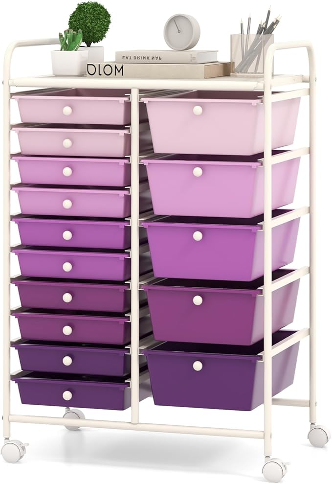 RELAX4LIFE 15 Drawer Rolling Storage Cart - Mobile Craft Art Supply Storage Organizer for Tool Scrapbook Paper Salon, Office School Classroom Teacher Rolling Cart with Drawers, Utility Cart on Wheels