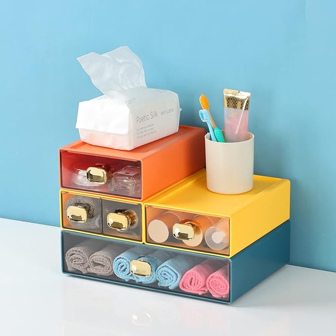 Spacious Desktop Storage Box, 2 Large Storage Drawers, Stackable Office Desk Drawer Organizer and Accessories, Printer Paper Organizer, Orange & Yellow Plastic Drawers for Workspace & Home