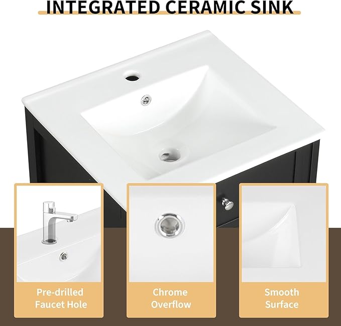 20 in Small Bathroom Vanity with Sink,Soft Closing Door and Adjustable Shelf, Solid Wood Frame & MDF Modern Single Bathroom Sink Cabinet,Freestanding (Black)
