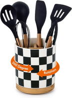 LoeJan 3 Compartment Utensil Holder, Extra Large Utensil Crock, Stable Ceramic Utensil Organizer, Cooking Tool Organizer Set for Kitchen Counter Farmhouse Decor (G-Black(Square))