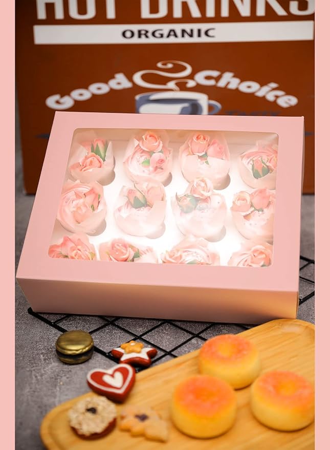 Bakepacker 12 Cupcake Containers 10-Packs Pink Cupcake Box Cupcakes Carrier, 12 Cupcake Boxes with Window 13"x10"x3.5"（Auto-pop up）