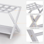 HITNET White Luggage Rack, Set of 2, Folding Suitcase Stand with Storage Shelf, Bamboo Luggage Holder with 5 Nylon Straps for Guest Room Bedroom Hotel