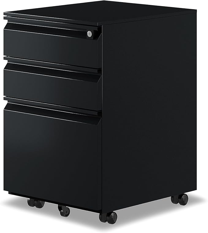 3-Drawer Mobile File Cabinets Rolling ，Vertical Metal Filing Cabinet for Legal & Letter File Anti-tilt Design with Lock Under Desk Office Drawers Fully Assembled (Black)