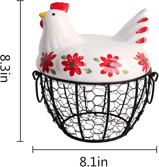 Kitchen Storage Metal Wire Egg Basket with Ceramic Farm Chicken Cover Fresh Egg Holder/Organizer Case/Container