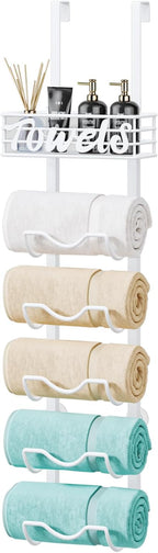 HapiRm Over The Door Towel Rack - 6 Tier Wall Mount Rolled Towel Holder Storage Organizer Shelf with Storage Basket for Small Bathroom, Rv, Camper - White