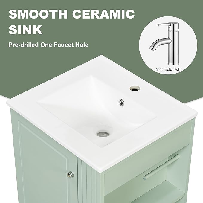 20 in Small Bathroom Vanity with Sink,Drawer,Doors and Side Storage & Toilet Paper Holder, Solid Wood & MDF Modern Single Bathroom Sink Cabinet with Drawers,Freestanding (Green,20 in)