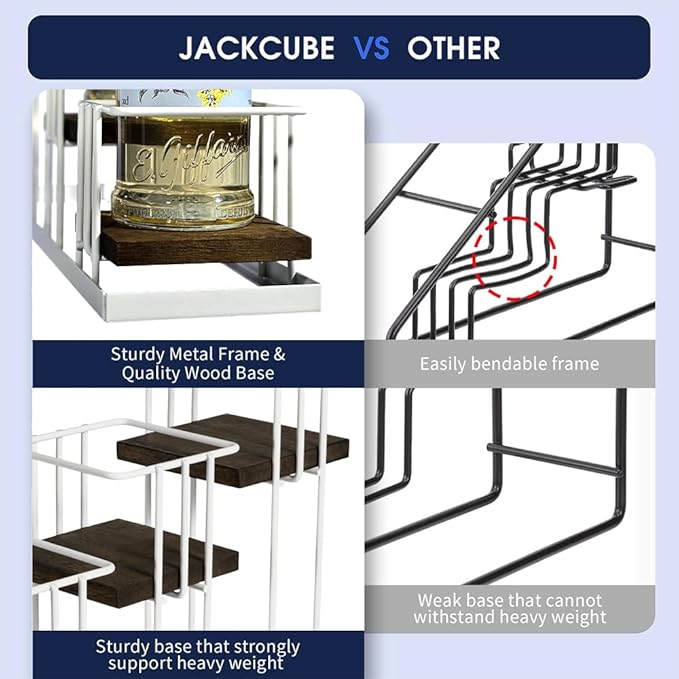 J JACKCUBE DESIGN Syrup Bottle Holder Rack, Rustic Wood and White Metal Wire 4 Tier Syrup, Wine, Dressing Bottle Countertop Display Storage Stand for Kitchen Coffee Bar- MK816B