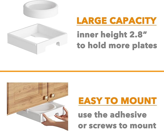 SpaceAid 10-inch Paper Plate Dispenser (Need 11.3 Inches Deep Cabinet Space) Under Cabinet Bamboo Plates Holder, Kitchen Vertical Dipensers Caddy, White