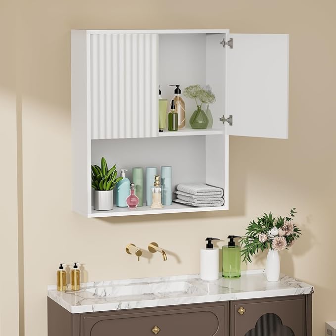 Fluted Bathroom Wall Cabinet Over the Toilet Storage,Wall Mounted Cabinet with Adjustable Shelf,Floating and Hanging Organizer,Kitchen and Laundry Room Storage (White,1 PC)