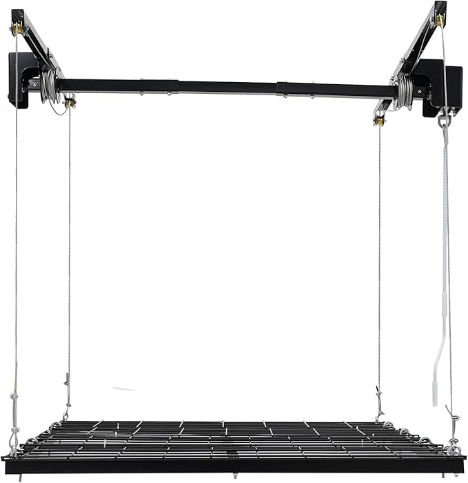 Overhead Garage Storage Rack, 48 * 48in Metal Garage Ceiling Rack Adjustable Organization System 300 Lbs Capacity Dual-Rope Design Riveted Construction Perforated Plates Smooth Edge