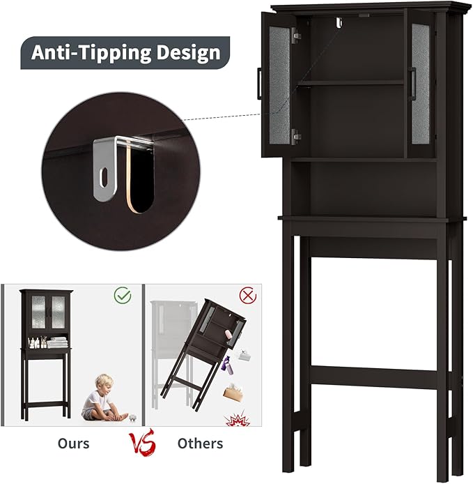 Over The Toilet Storage Cabinet, Over Toilet Bathroom Organizer with Glass Doors and Adjustable Shelf, Thicken Frame Above Toilet Storage Cabinet Behind Toilet Bathroom Organizer, Espresso
