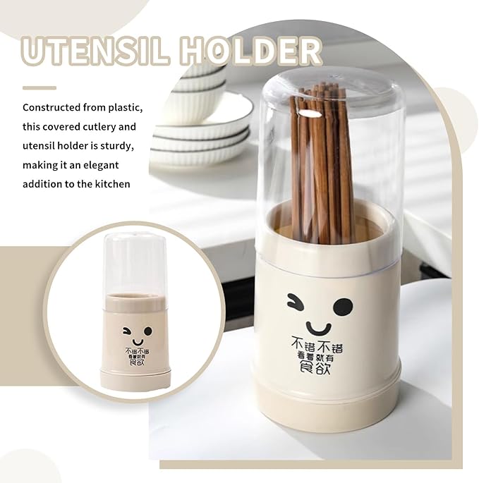Cyrank Kitchen Utensil Holder, Chopsticks Holder Drying Rack with Lid and Removable Base Silverware Caddy Flatware Drying Rack Holder Utensil Caddy Cutlery Rack Cutlery Storage Organizer(Beige)