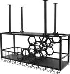Ceiling Wine Glass Rack, Hanging Wine Rack with Glass Holder and Shelf, 2 Layer Industrial Iron Hanging Wine Bottle Holder, Metal Ceiling Shelf for Bar Cafe Kitchen, 39.4*11.8*15.8in (Black)