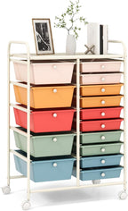 RELAX4LIFE 15-Drawer Storage Drawer Carts - Mobile Rolling Utility Cart w/Wheels, Craft Organizer for Classroom Organization and Storage, School, Office, Home, Storage Organizer Cart (Macaron)
