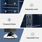 Over The Toilet Storage Cabinet with Tempered Glass Doors and Adjustable Shelf, Bathroom Organizer with Metal Stand Space Saver Over Toilet , Modern Toilet Rack for Bathroom, Restroom, Laundry, Blue