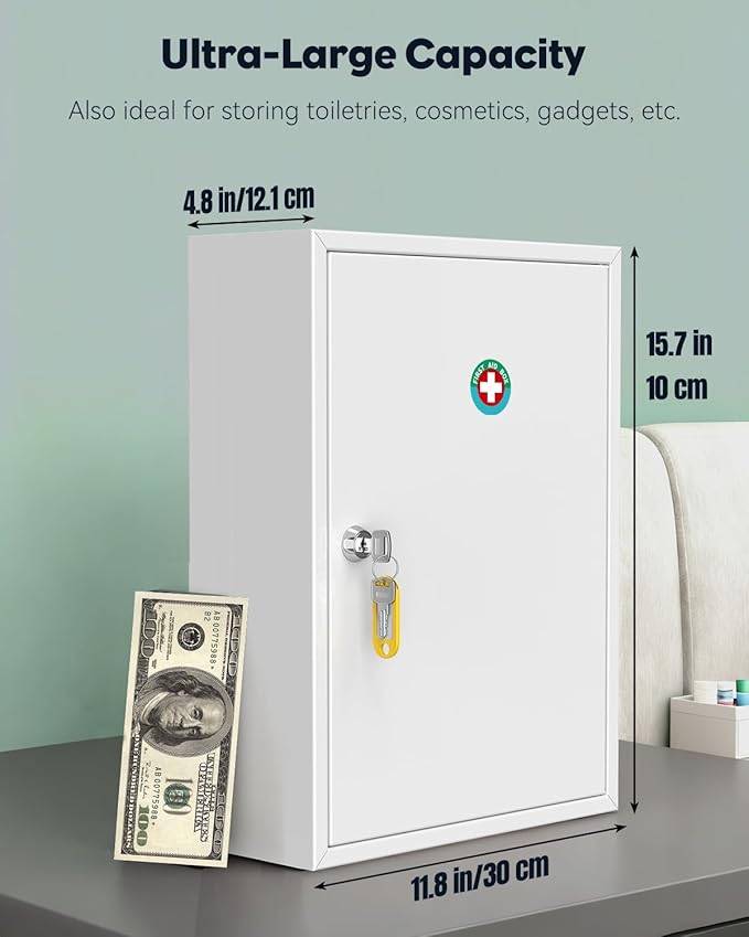 Uniclife Wall Mount Medicine Cabinet with Key Lock, Locking First Aid Cabinet, Lockable Medical Cabinet, Large Capacity Medicine Organizer, Secure Steel Wall Cabinet Metal Storage Box, White