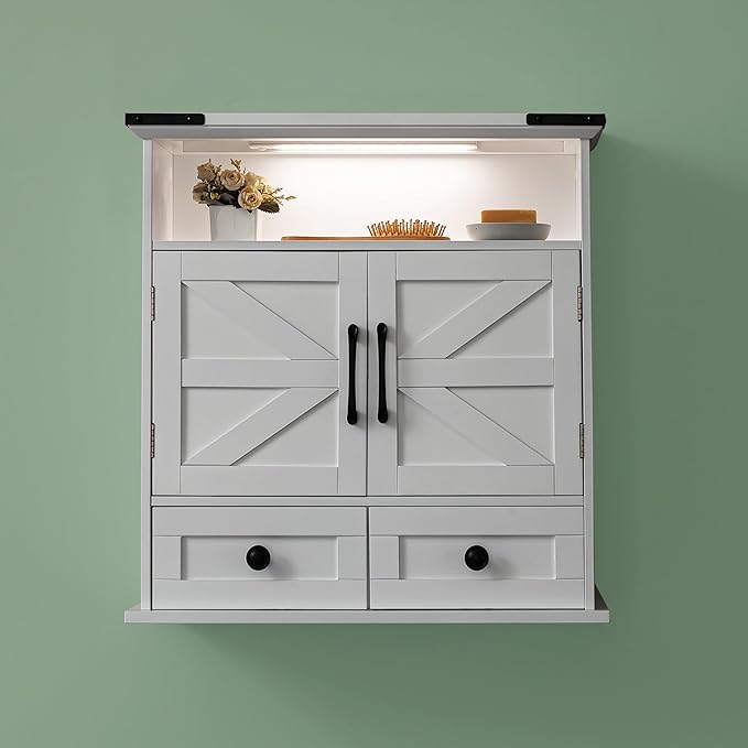 Bathroom Wall Cabinet, 23" x 25" Farmhouse Over The Toilet Storage with Motion LED Light & Safety Drawers, Wooden Medicine Cabinet, Water-Resistant White Organizer (9" Depth)