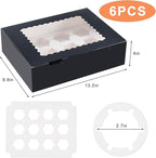 Hoewina 6PCS Cupcake Boxes - Hold 12 Count Cupcake Containers with Window, Food Grade Cupcake Holder Easy Transport and Presentation - Ideal for Cupcakes, Desserts, and More (Black)