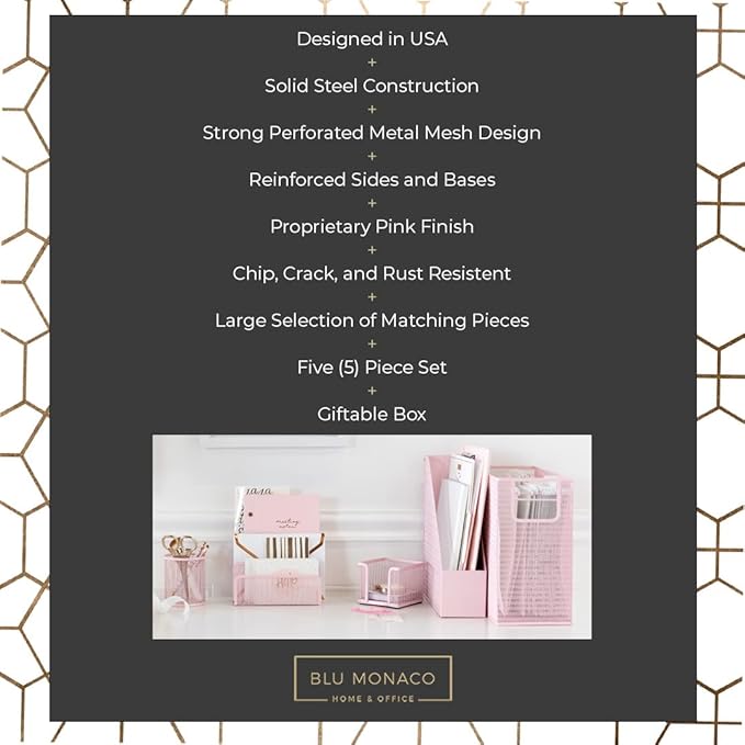 BLU MONACO | Pink Desk Organizer Set | 5 Piece Metal Office Desk Organizer with Hanging File Holder, Magazine Organizer, Pen Cup, Sticky Note Holder, Letter Sorter | Desk Organizers and Accessories