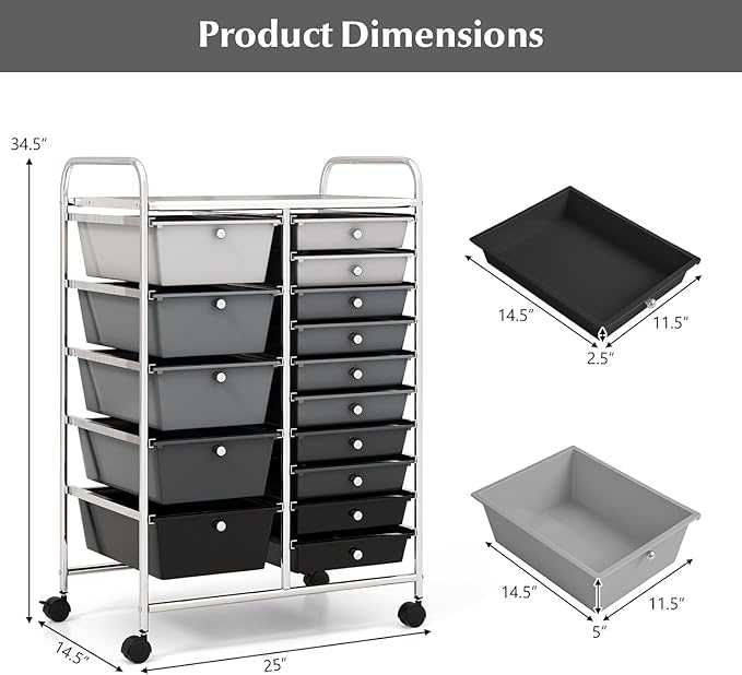 LUARANE Rolling Cart with 15 Drawers, Craft Storage Cart with Portable Handles & Lockable Wheels, Mobile Toys Organizer, Large Capacity Utility Drawer Cart Home Office School Teacher (Gradient Black)