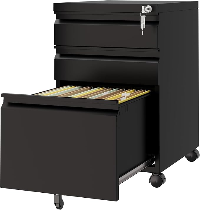 3 Drawer Mobile File Cabinet with Lock,Under Desk Rolling File Cabinet for Home Office Fits Legal/Letter/A4 File (Unassembled,Black)