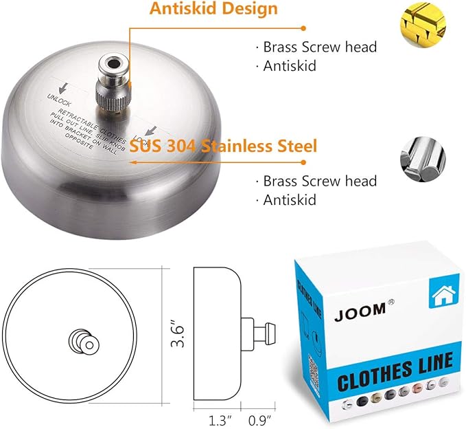 JOOM Retractable Clothesline Stainless Steel Heavy Duty 9Feet(MAX) for Hanging Drying in Bathroom Laundry Hotels, Chrome Finish,Round Style (Brushed Nickel)