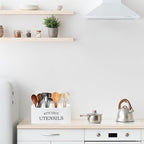 Kitchen Utensil Holder with Drainage Bottom, Extra Large 4 Compartments Solid Real Wood Utensil Organizer for Kitchen Counter, Farmhouse Cooking Tools Storage for Countertop, White
