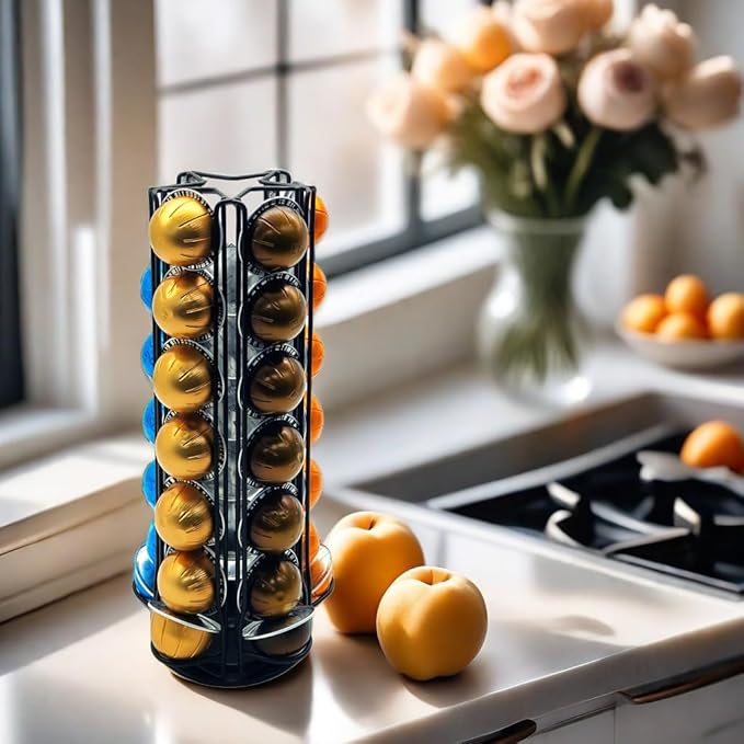 Miuly Coffee Capsule Holder For Nespresso Vertuoline, Coffee Capsule Stands Rotating Pod Rack holds 35 Nespresso Vertuo Pods, Black