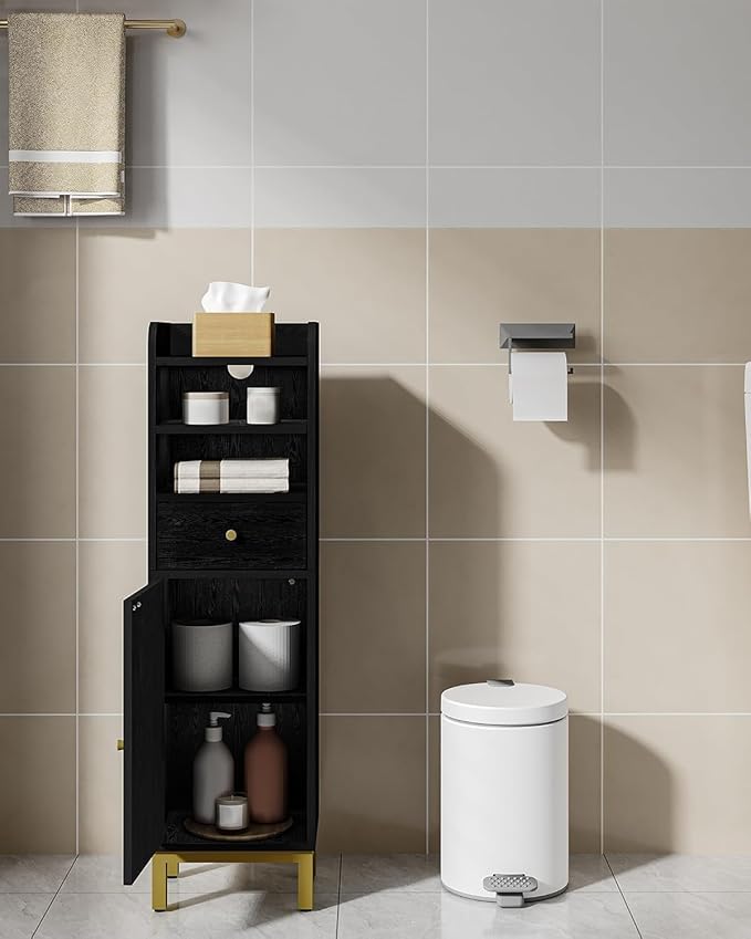 Bathroom Storage Cabinet, Corner Floor Cabinet with Drawers and Doors, Narrow Toilet Paper Holder, Bathroom Organizer with Adjustable Shelf, for Small Spaces, Black BC29804G