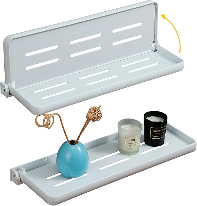 White Folding Wall Shelf | Wall Mounted Bathroom Floating Metal Shelf | 90° Fold Up | Space-Saving Floating Shelf for Laundry Room, Toilet Room, RV, Sink (2-Pack, White)