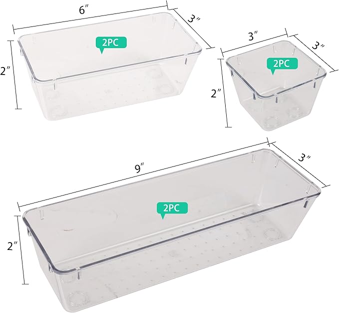 6 Pack Clear Drawer Organizer Set,Desk Drawer Storage Tray,Vanity Organizer Storage Bins Containers