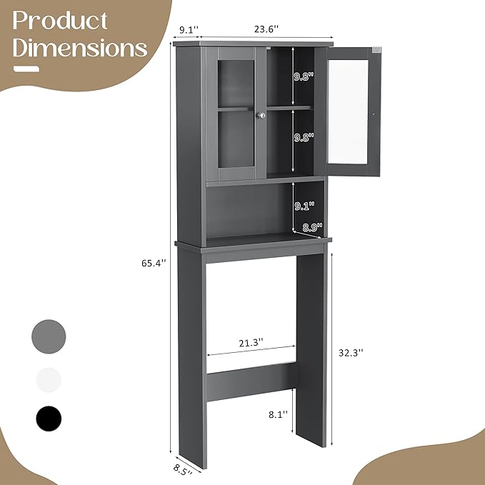Walsunny Over Toilet Storage Cabinet, BathroomShelf Organizer Over Toilet, Washing Machine Box, Space Saver with Adjustable Decorative Racks（Gray）