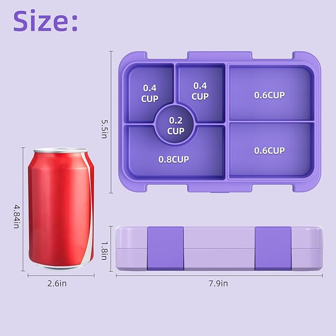 Bento Lunch Box for Kids, 6 Compartments BPA Free, Dishwasher Safe Back to School Snack Bento Lunch Containers Boxes, Ideal Portion Sizes for On-the-Go Meal, Ages 3+, School, Purple Patterned