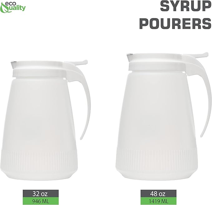 [5 PACK] EcoQuality 48oz Plastic Syrup Dispenser with Plastic Lid and Stainless Steel Slide Cover - Syrup, Sugar, Honey Dispenser - Perfect for Diners, Restaurants, Home, Office, Disposable (48 Ounce)