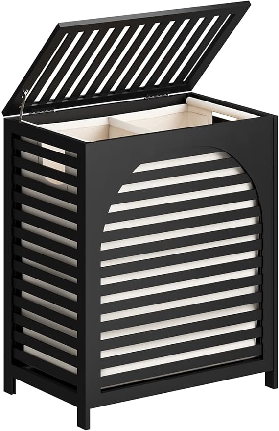 Black Laundry Hamper, Laundry Hamper with Lid, 27.3 Gallon (103L) Bamboo Wood Clothes Laundry Basket with Lid and Handles, Removable Liner