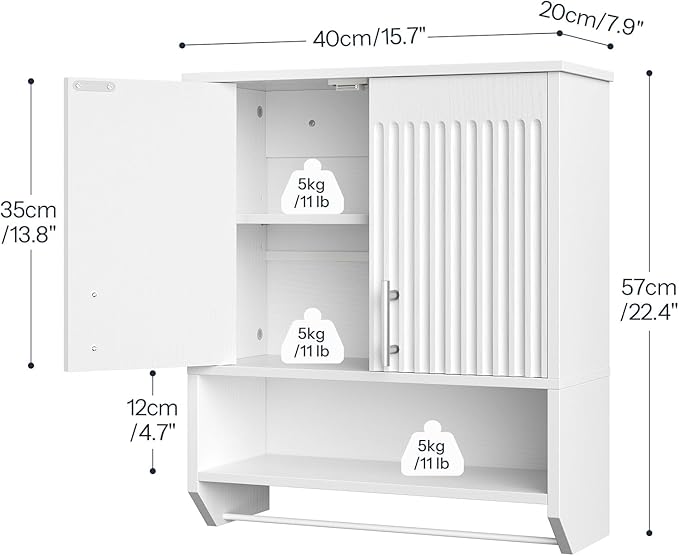 HOOBRO Fluted Bathroom Wall Cabinet, Farmhouse Medicine Cabinet with 2 Fluted Doors, Wall Storage Shelf with Towel Rack, Adjustable Shelf, for Small Spaces, Bathroom, Kitchen, White