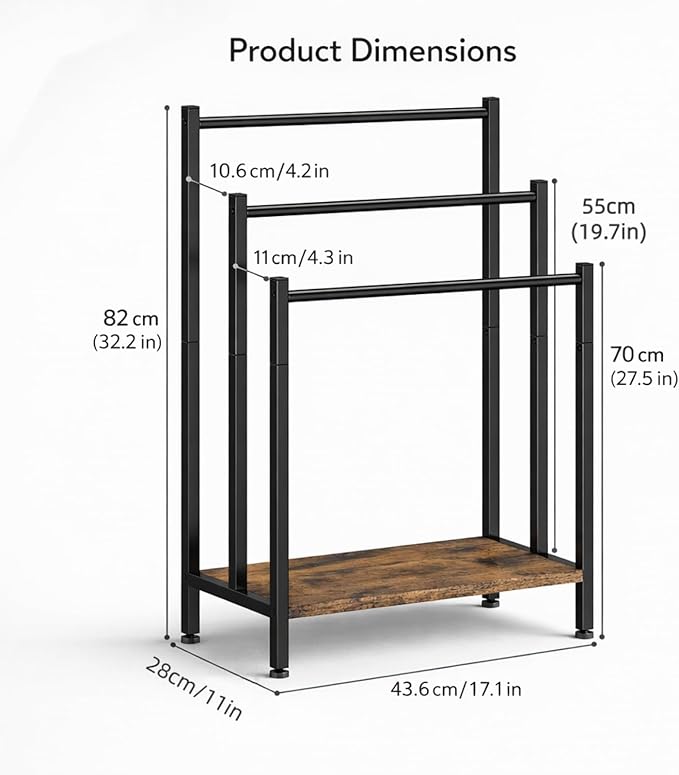 Free Standing Towel Rack, 3 Tier Freestanding Towel Stand with Storage Shelf, Metal Blanket Rack Stand for Bathroom, Bedroom, Living Room, Rustic Brown