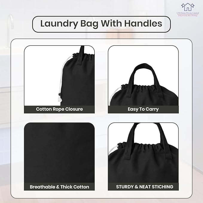 LFH Home Large Premium Cotton Canvas Laundry Bag with Drawstring and Handles Heavy Duty, Multi-Use, and Washable for Home, Travel, College or Storage 28x36 (Pack of 2)-Black