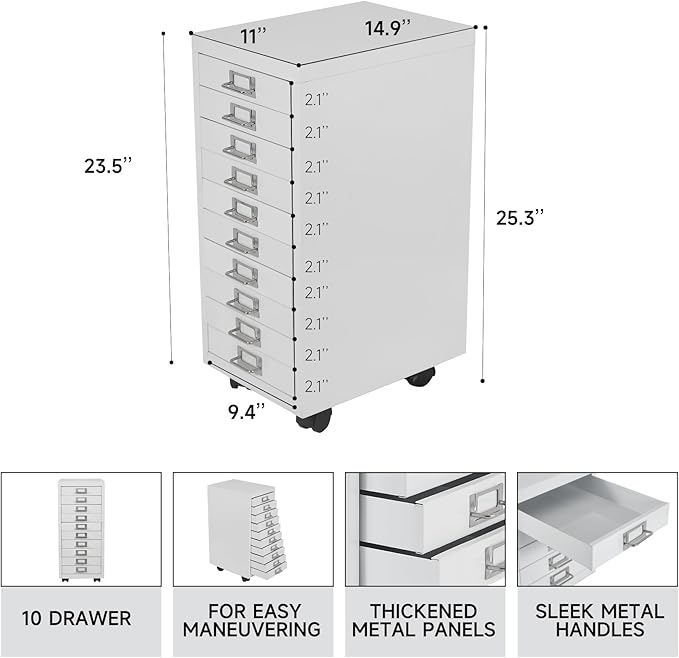 File Cabinet MINI 10 Tier Metal File Organizer Document Organizer with Wheel, White Color, for Home Office, Office Desk File (White)