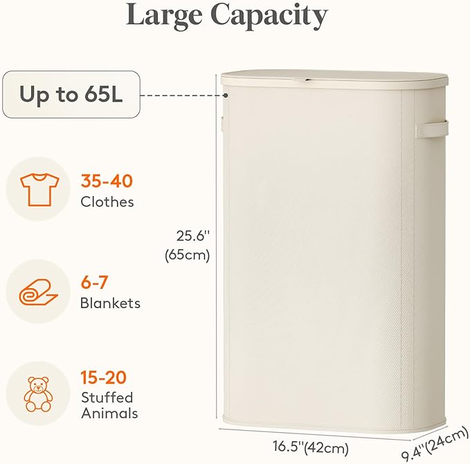 Lifewit 65L Slim Laundry Basket with Lid, Narrow Large Laundry Hamper with Plastic Handles and Removable Bag, Tall Foldable Dirty Clothes Hampers for Laundry Room, Bedroom, Bathroom, Dorm, White