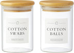 3 Pack Qtip Holder Dispenser - Glass Apothecary Jars with Lids, Cotton Ball Pad Swab Round Holder, Bamboo Bathroom Accessories, Bathroom Organizers Containers Jars Canisters with Lids