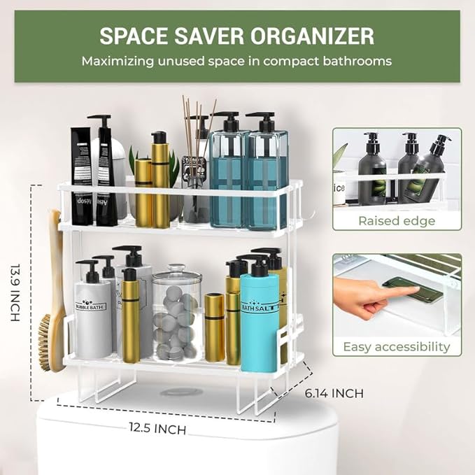 DINEST 2 Tier Over The Toilet Storage Shelf, Anti Resistant Bathroom Shelf Over Toilet Organizer, Multifunctional No Drilling Above Toilet Storage with Wall Mounting Design(White)