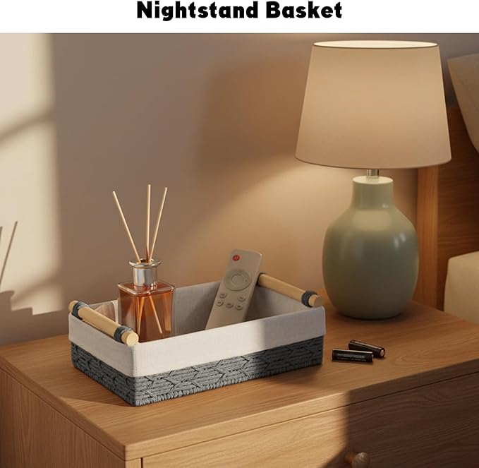 Paper Rope Wire Storage Basket for Shelves, Organizing Stackable Large and Small Woven Basket Toilet Tank Paper Baskets for Dressing/Night Table,Cabinets,Bathroom,Bedroom,Living Room Home Decor Grey