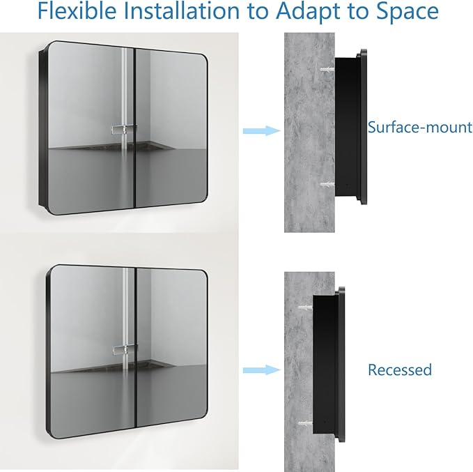 Bathroom Medicine Cabinet with 30"x26" Black Stainless Steel Framed Mirror,Recessed or Surface Mounted Bathroom Mirror Cabinet,Storage Cabinet with Double Door